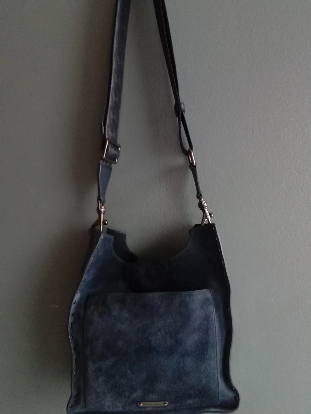 Rebecca Minkoff‎ Navy Blue Suede Studded Hobo Crossbody Bag with Guitar Strap
